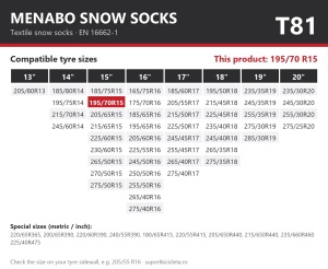 Lanturi auto textile, huse antiderapante 195/70 R15, Menabo Snow Socks, omologate, T81