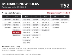 Lanturi auto textile, huse antiderapante 205/65 R14, Menabo Snow Socks, omologate, T52