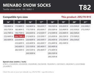 Lanturi auto textile, huse antiderapante 205/70 R15, Menabo Snow Socks, omologate, T82