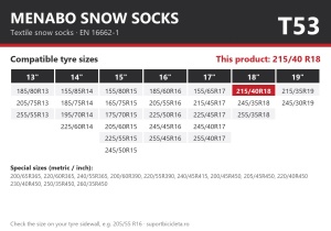 Lanturi auto textile, huse antiderapante 215/40 R18, Menabo Snow Socks, omologate, T53