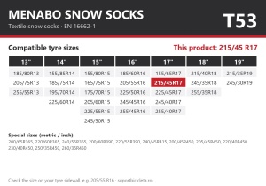 Lanturi auto textile, huse antiderapante 215/45 R17, Menabo Snow Socks, omologate, T53