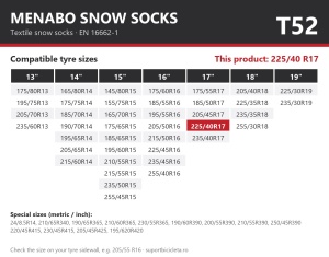Lanturi auto textile, huse antiderapante 225/40 R17, Menabo Snow Socks, omologate, T52