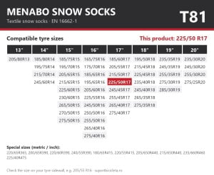 Lanturi auto textile, huse antiderapante 225/50 R17, Menabo Snow Socks, omologate, T81