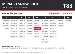 Lanturi auto textile, huse antiderapante 225/50 R18, Menabo Snow Socks, omologate, T83
