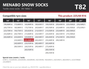 Lanturi auto textile, huse antiderapante 225/60 R16, Menabo Snow Socks, omologate, T82