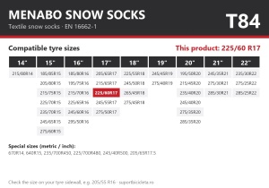 Lanturi auto textile, huse antiderapante 225/60 R17, Menabo Snow Socks, omologate, T84