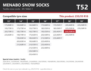 Lanturi auto textile, huse antiderapante 235/35 R18, Menabo Snow Socks, omologate, T52