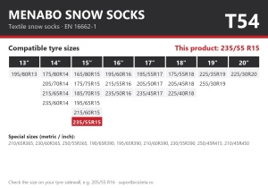 Lanturi auto textile, huse antiderapante 235/55 R15, Menabo Snow Socks, omologate, T54