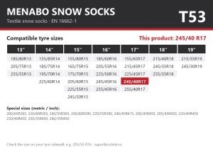 Lanturi auto textile, huse antiderapante 245/40 R17, Menabo Snow Socks, omologate, T53
