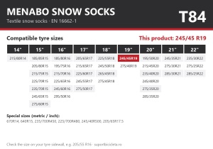 Lanturi auto textile, huse antiderapante 245/45 R19, Menabo Snow Socks, omologate, T84