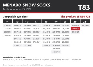 Lanturi auto textile, huse antiderapante 255/30 R21, Menabo Snow Socks, omologate, T83