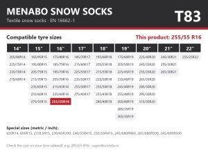 Lanturi auto textile, huse antiderapante 255/55 R16, Menabo Snow Socks, omologate, T83