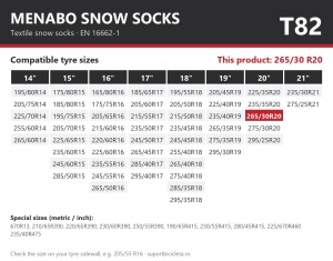 Lanturi auto textile, huse antiderapante 265/30 R20, Menabo Snow Socks, omologate, T82
