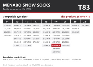 Lanturi auto textile, huse antiderapante 265/40 R19, Menabo Snow Socks, omologate, T83