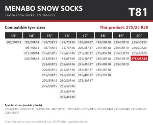 Lanturi auto textile, huse antiderapante 275/25 R20, Menabo Snow Socks, omologate, T81