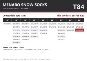 Lanturi auto textile, huse antiderapante 285/25 R22, Menabo Snow Socks, omologate, T84