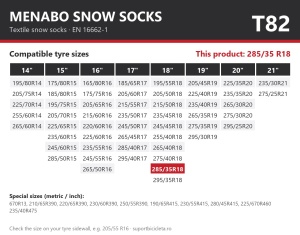 Lanturi auto textile, huse antiderapante 285/35 R18, Menabo Snow Socks, omologate, T82