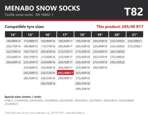 Lanturi auto textile, huse antiderapante 285/40 R17, Menabo Snow Socks, omologate, T82