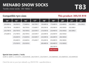 Lanturi auto textile, huse antiderapante 305/35 R19, Menabo Snow Socks, omologate, T83