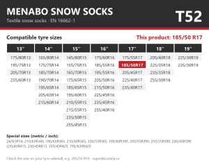 Lanturi auto textile, huse antiderapante 185/50 R17, Menabo Snow Socks, omologate, T52