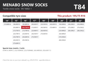 Lanturi auto textile, huse antiderapante 195/75 R16, Menabo Snow Socks, omologate, T84