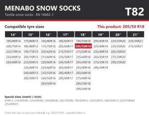 Lanturi auto textile, huse antiderapante 205/50 R18, Menabo Snow Socks, omologate, T82