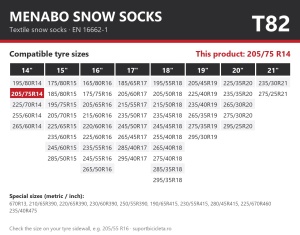 Lanturi auto textile, huse antiderapante 205/75 R14, Menabo Snow Socks, omologate, T82