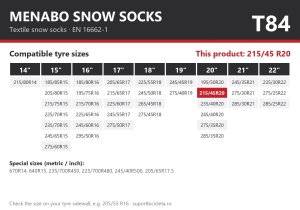 Lanturi auto textile, huse antiderapante 215/45 R20, Menabo Snow Socks, omologate, T84