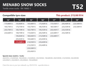 Lanturi auto textile, huse antiderapante 215/60 R14, Menabo Snow Socks, omologate, T52