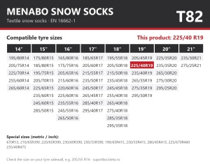 Lanturi auto textile, huse antiderapante 225/40 R19, Menabo Snow Socks, omologate, T82