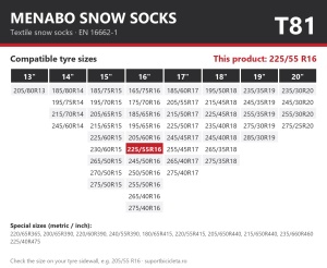 Lanturi auto textile, huse antiderapante 225/55 R16, Menabo Snow Socks, omologate, T81
