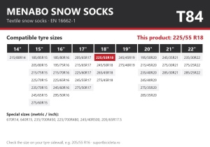 Lanturi auto textile, huse antiderapante 225/55 R18, Menabo Snow Socks, omologate, T84