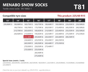 Lanturi auto textile, huse antiderapante 225/60 R15, Menabo Snow Socks, omologate, T81