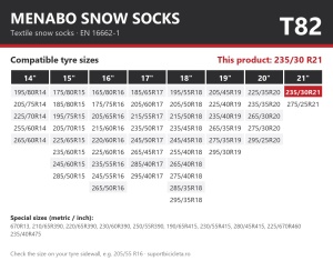 Lanturi auto textile, huse antiderapante 235/30 R21, Menabo Snow Socks, omologate, T82