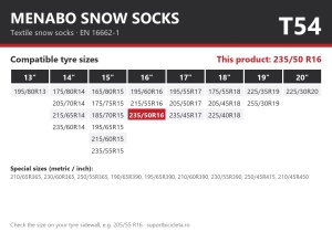 Lanturi auto textile, huse antiderapante 235/50 R16, Menabo Snow Socks, omologate, T54