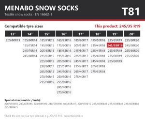 Lanturi auto textile, huse antiderapante 245/35 R19, Menabo Snow Socks, omologate, T81
