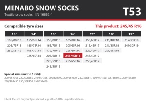 Lanturi auto textile, huse antiderapante 245/45 R16, Menabo Snow Socks, omologate, T53