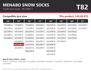 Lanturi auto textile, huse antiderapante 245/60 R15, Menabo Snow Socks, omologate, T82