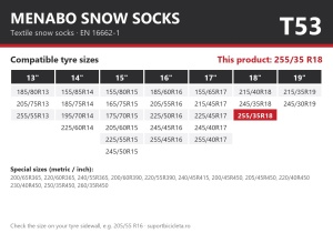 Lanturi auto textile, huse antiderapante 255/35 R18, Menabo Snow Socks, omologate, T53