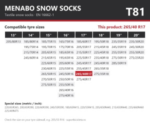 Lanturi auto textile, huse antiderapante 265/40 R17, Menabo Snow Socks, omologate, T81
