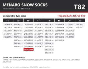 Lanturi auto textile, huse antiderapante 265/50 R16, Menabo Snow Socks, omologate, T82