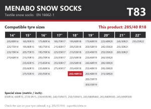 Lanturi auto textile, huse antiderapante 285/40 R18, Menabo Snow Socks, omologate, T83