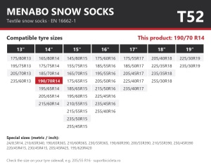 Lanturi auto textile, huse antiderapante 190/70 R14, Menabo Snow Socks, omologate, T52