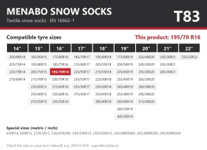 Lanturi auto textile, huse antiderapante 195/70 R16, Menabo Snow Socks, omologate, T83