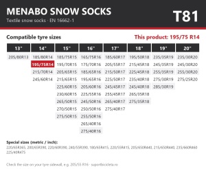 Lanturi auto textile, huse antiderapante 195/75 R14, Menabo Snow Socks, omologate, T81