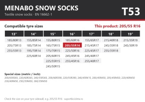 Lanturi auto textile, huse antiderapante 205/55 R16, Menabo Snow Socks, omologate, T53