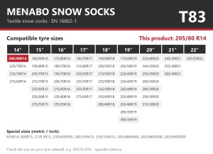 Lanturi auto textile, huse antiderapante 205/80 R14, Menabo Snow Socks, omologate, T83