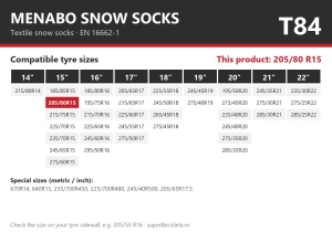 Lanturi auto textile, huse antiderapante 205/80 R15, Menabo Snow Socks, omologate, T84