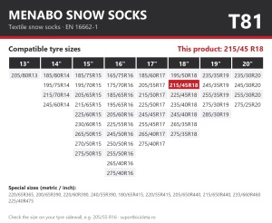 Lanturi auto textile, huse antiderapante 215/45 R18, Menabo Snow Socks, omologate, T81