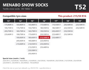 Lanturi auto textile, huse antiderapante 215/50 R16, Menabo Snow Socks, omologate, T52